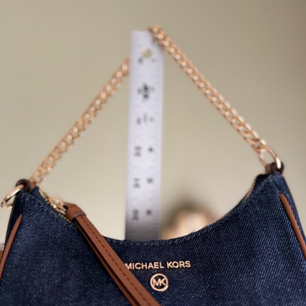 NWT‎ Michael Kors $198 Jet Set Charm Small Denim Pochette handbag gold chain - Picture 11 of 11